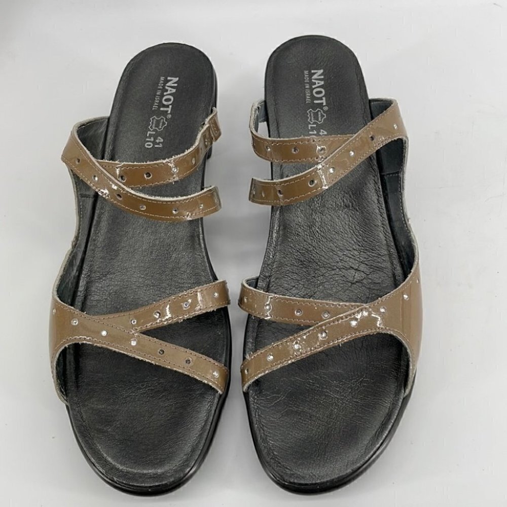 NAOT strappy wedge sandal slide one rhinestones sz 10 brown